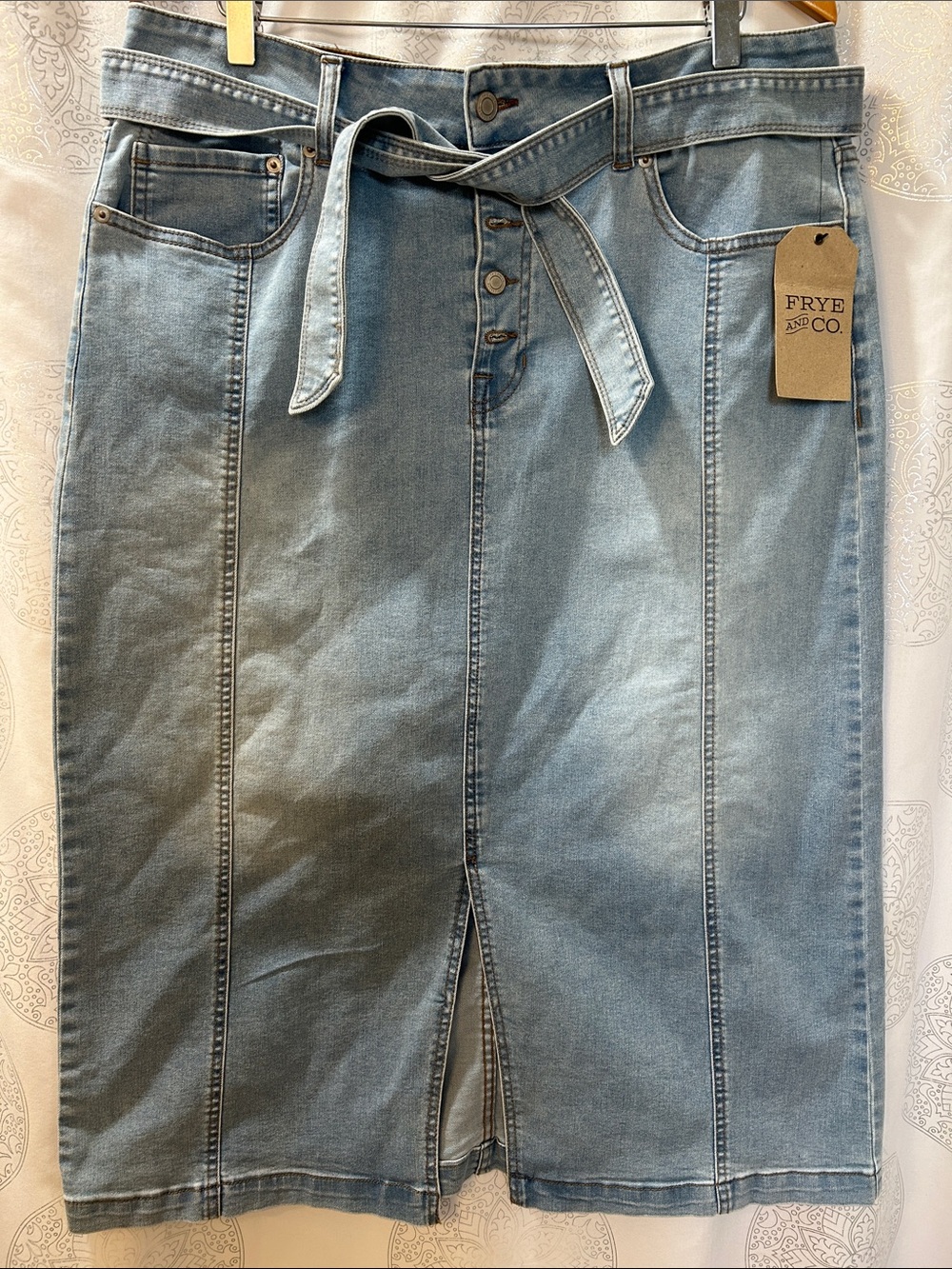 Frye & Co Jean Midi Skirt Light Blue Wash Denim Belt Tie Waist NWT Women 14